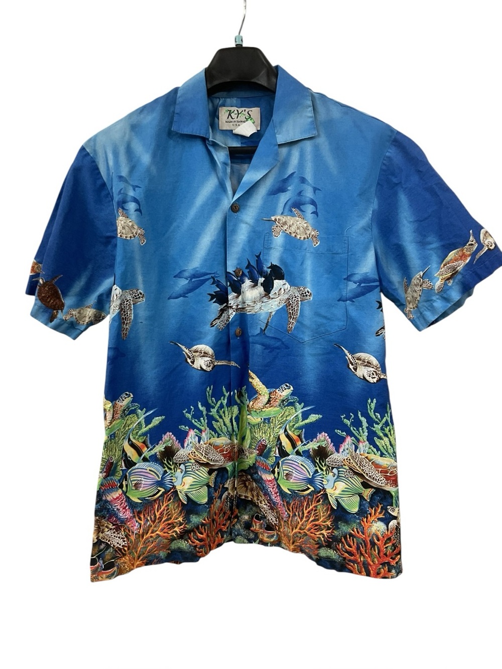 Ky's Ocean View Men's M Hawaiian Button Up 80s USA Sea turtles, Fish, & Coral